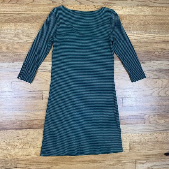 TALBOTS PETITES SP GREEN BLACK STRIPED COTTON SHEATH DRESS GOLD ZIPPERS - Picture 8 of 9